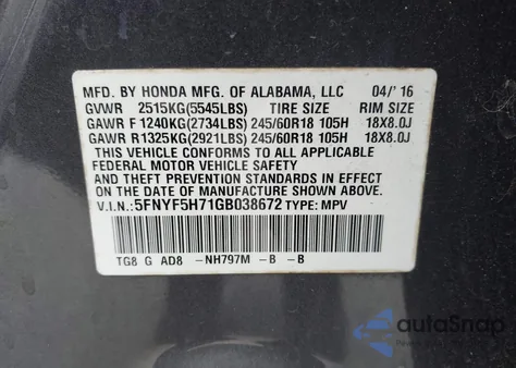 2016 Honda Pilot Ex-L z USA, uszkodzony, nr VIN 5FNYF5H71GB038672